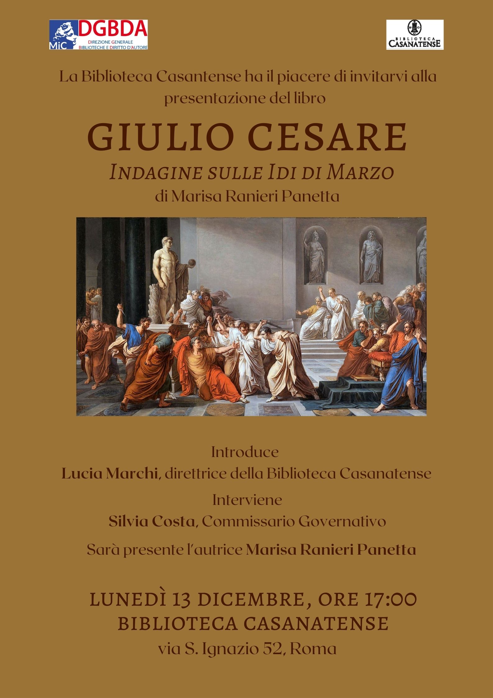 Giulio Cesare Indagine sulle Idi di Marzo. Presentazione del volume di Marisa Ranieri Panetta